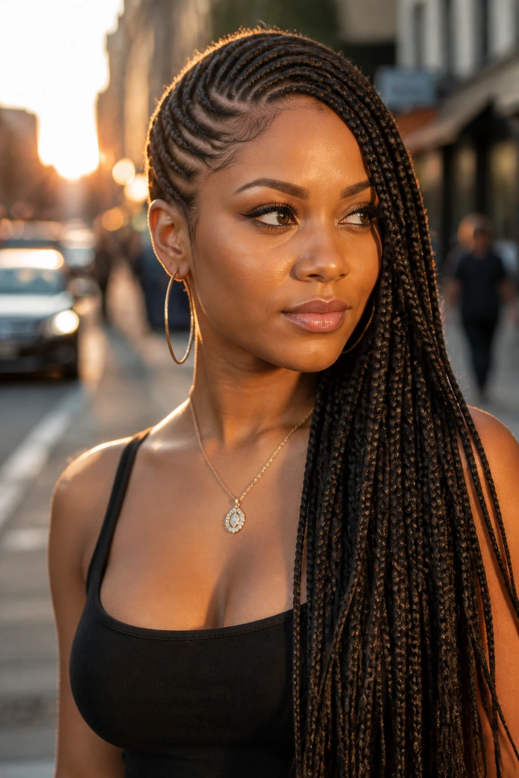 Close-up of a real woman with lemonade braids side-swept over shoulder in golden hour light.