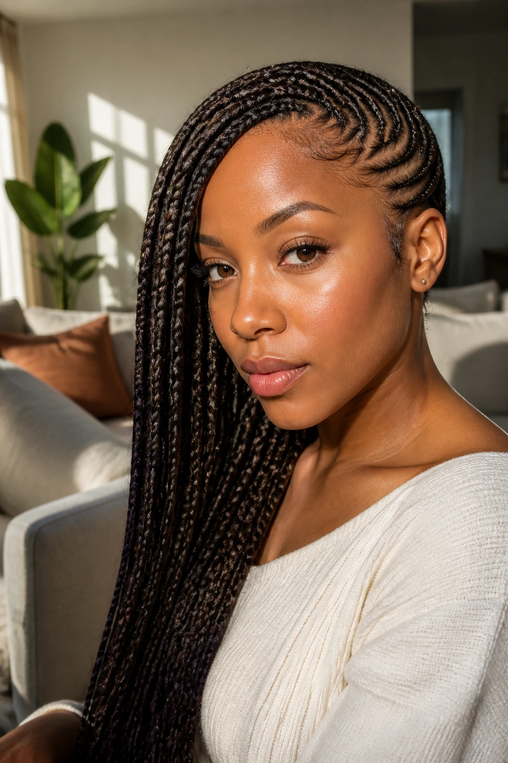 Close-up of side-swept lemonade braids on a real woman