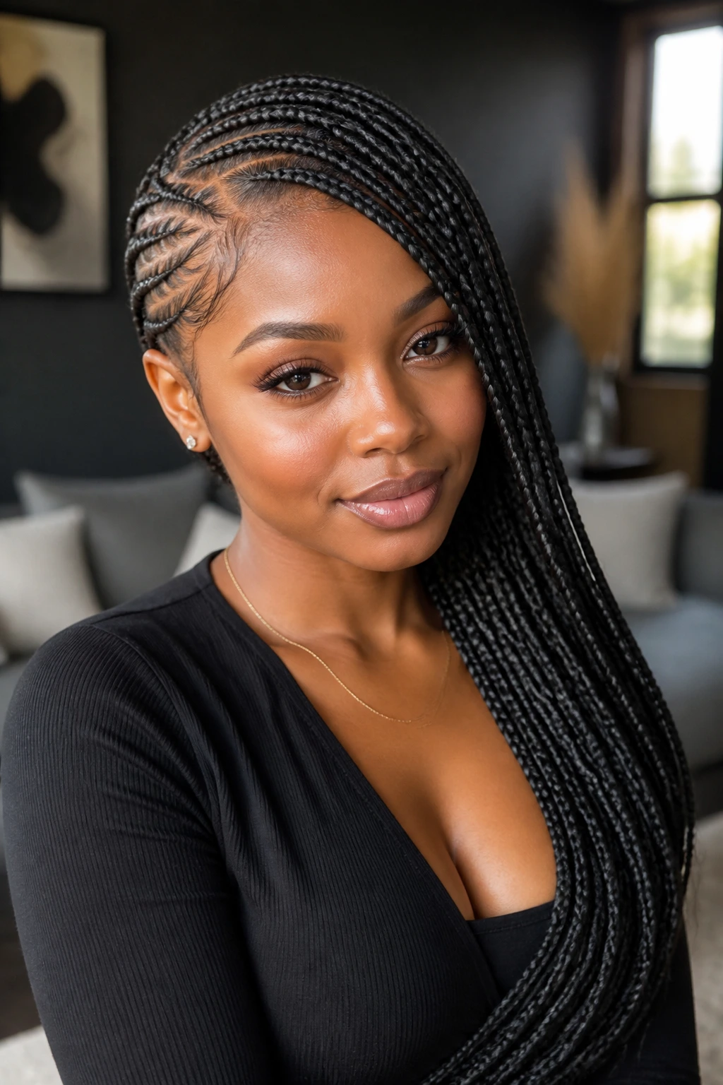 Close-up of a real person with lemonade braids sweeping to the opposite side.