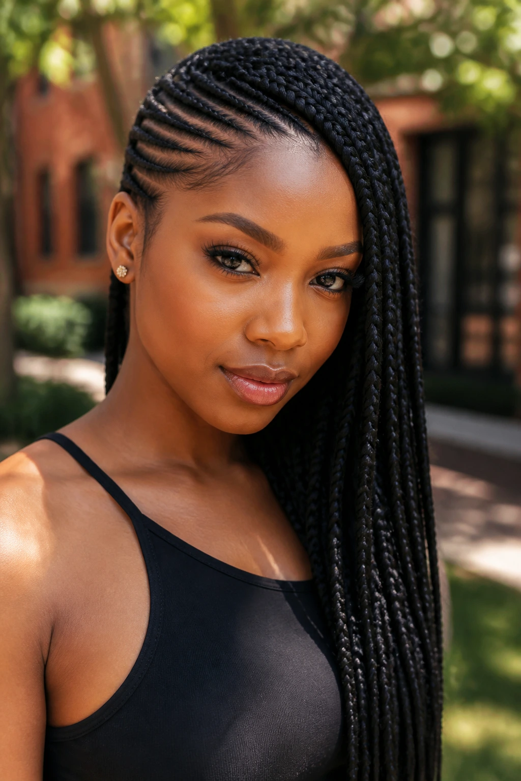 Close-up of a woman with lemonade braids side-swept