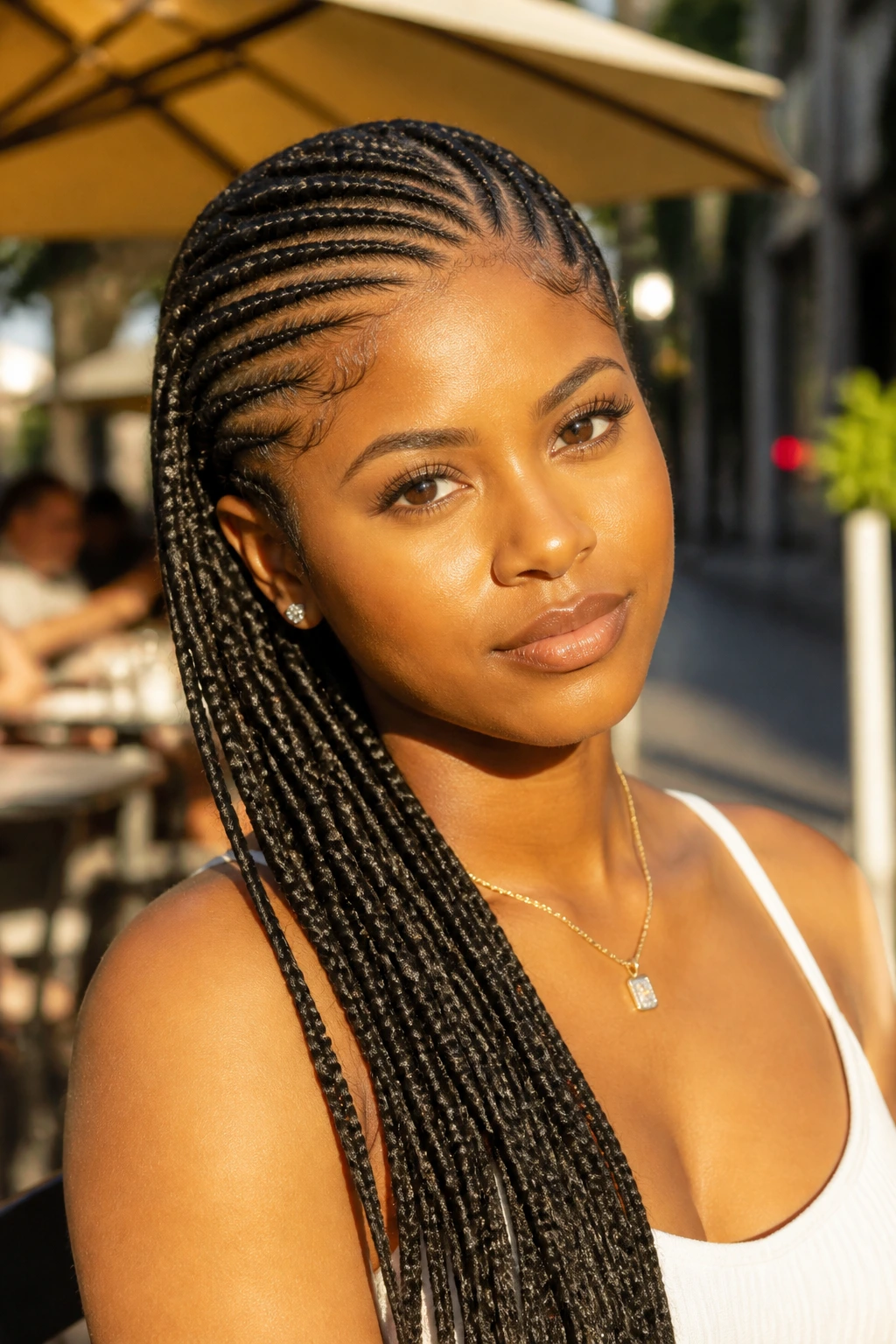 Close-up of lemonade braids side-swept on a real woman's shoulder.
