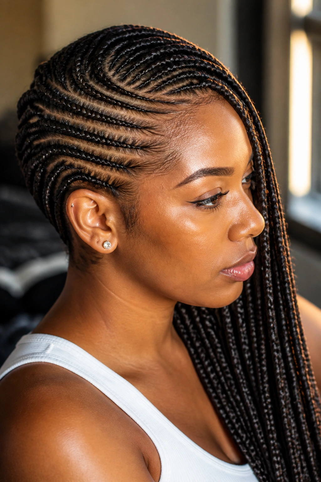 Three-quarter profile of lemonade braids on a real person