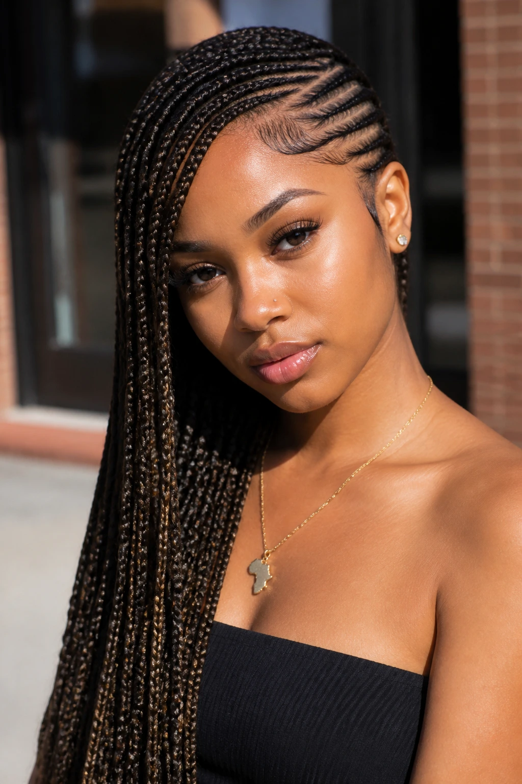 Close-up of a woman wearing lemonade braids swept to the side.