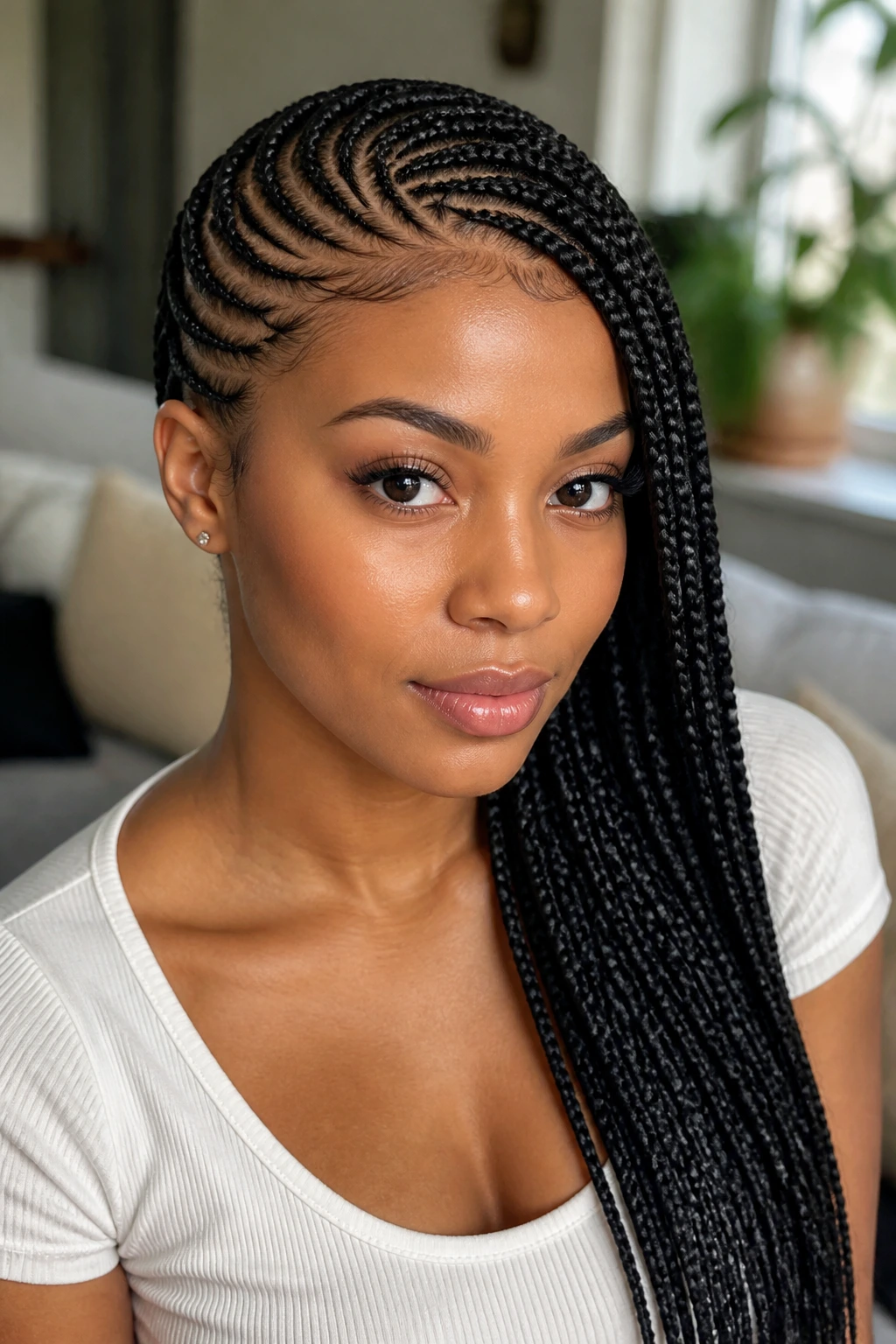 Close-up of a real woman with side-swept lemonade braids