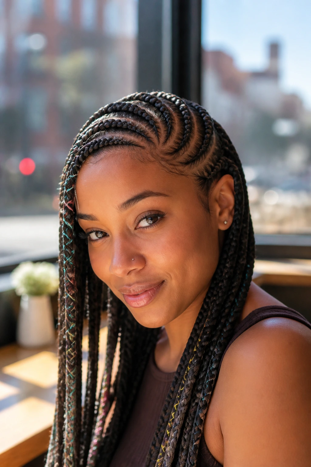 Woman with lemonade braids interwoven with colorful strings in a cafe setting.