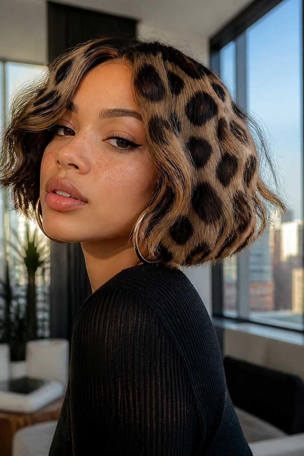 Timeless leopard spot hair on a real person in a modern city apartment