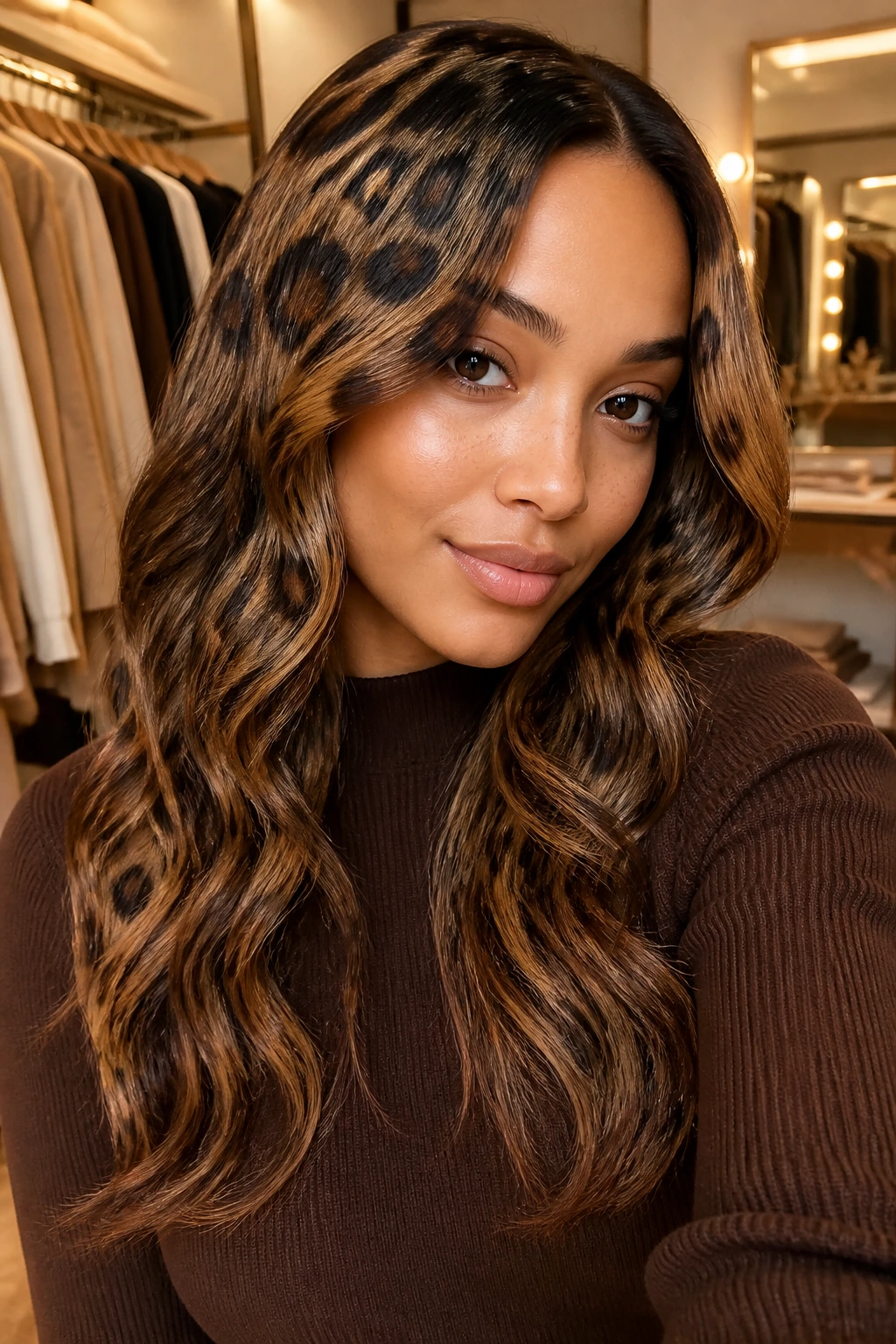 Close-up portrait of a real woman showing leopard-spotted hair paired with a neutral wardrobe