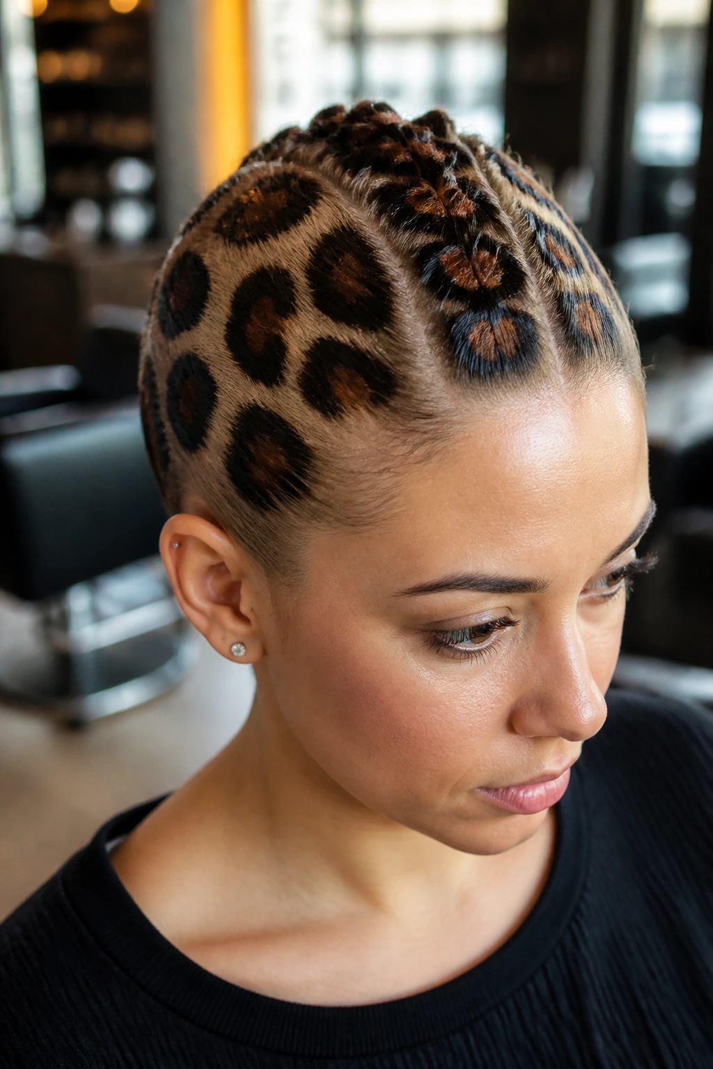 Close-up of a real person with a leopard spotted mohawk ribbon