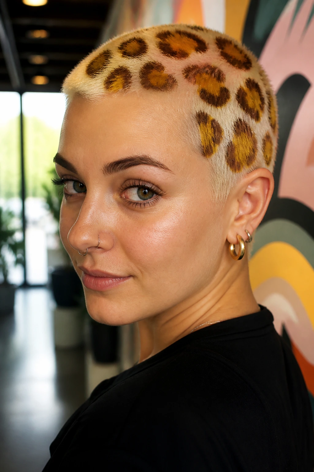 Close-up of a real person with leopard-patterned dyed buzz cut on crown