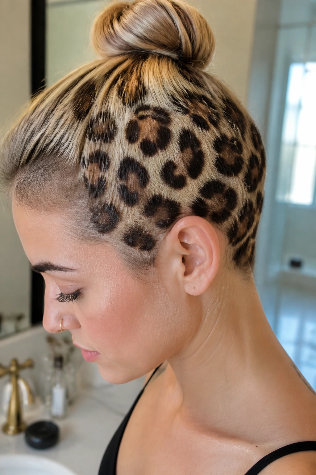 Close-up of leopard print hair on a real person in a bright home setting