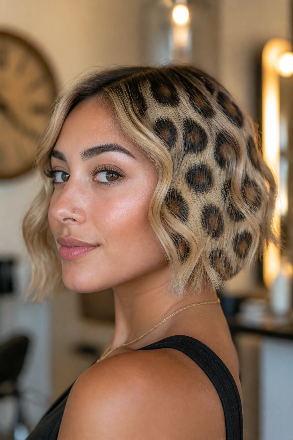 Close-up of leopard-spotted hair in a salon setting emphasizing look longevity