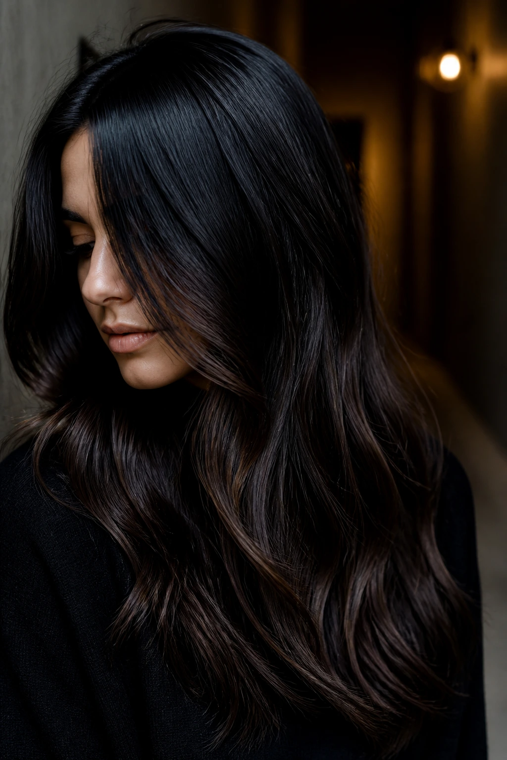 Close-up of licorice to dark walnut hair melt on a real person in a moody indoor setting.