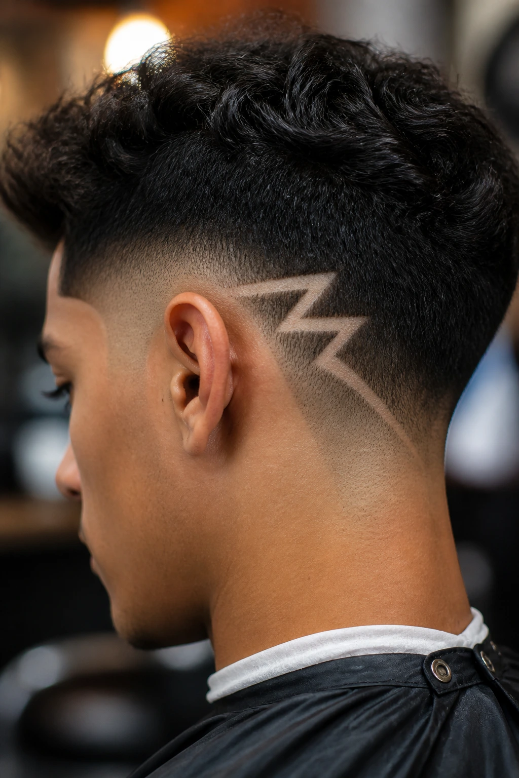 Portrait of a real person with a lightning bolt design behind the ear