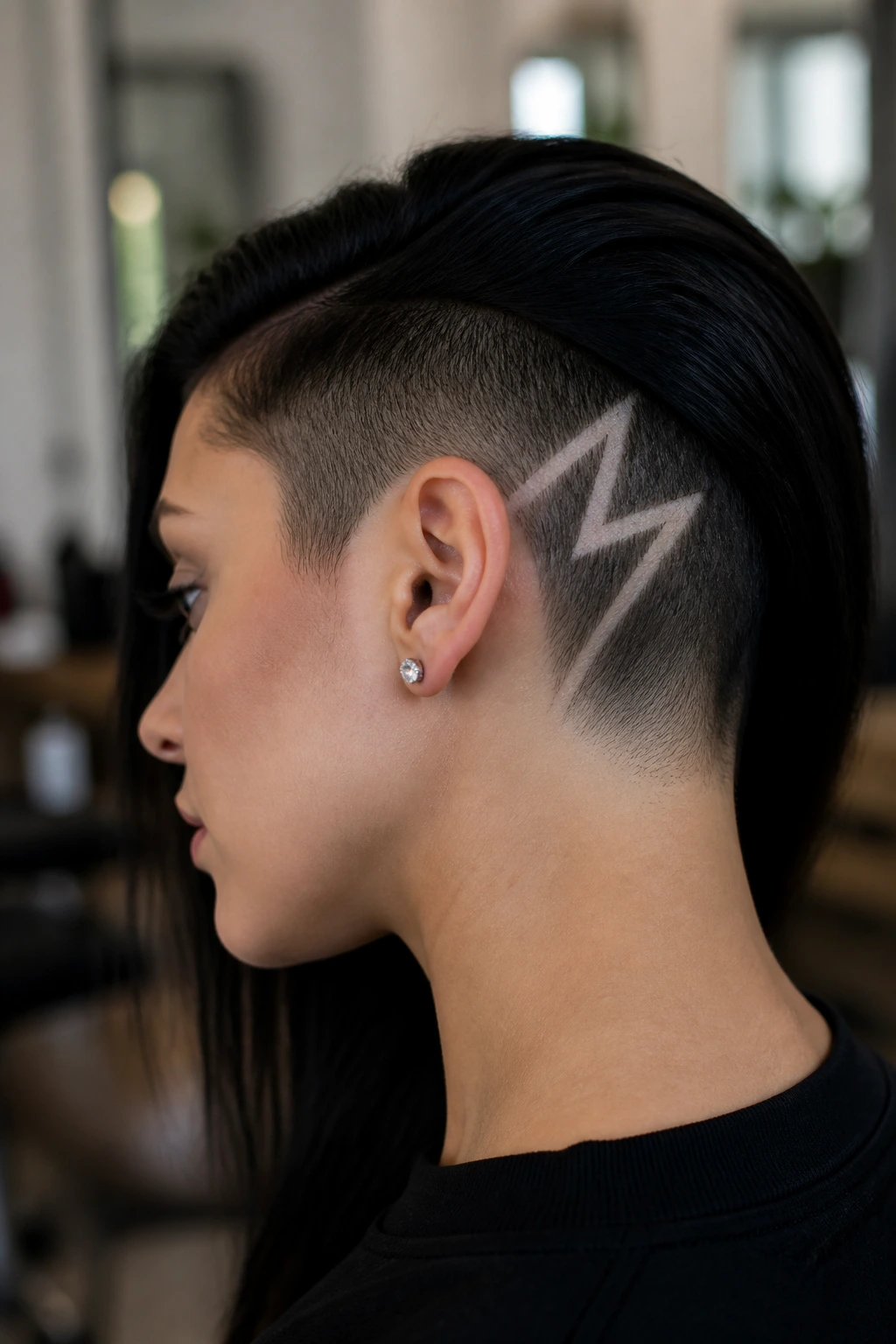Close-up profile of a real person showing a sharp lightning bolt shaved behind the ear.