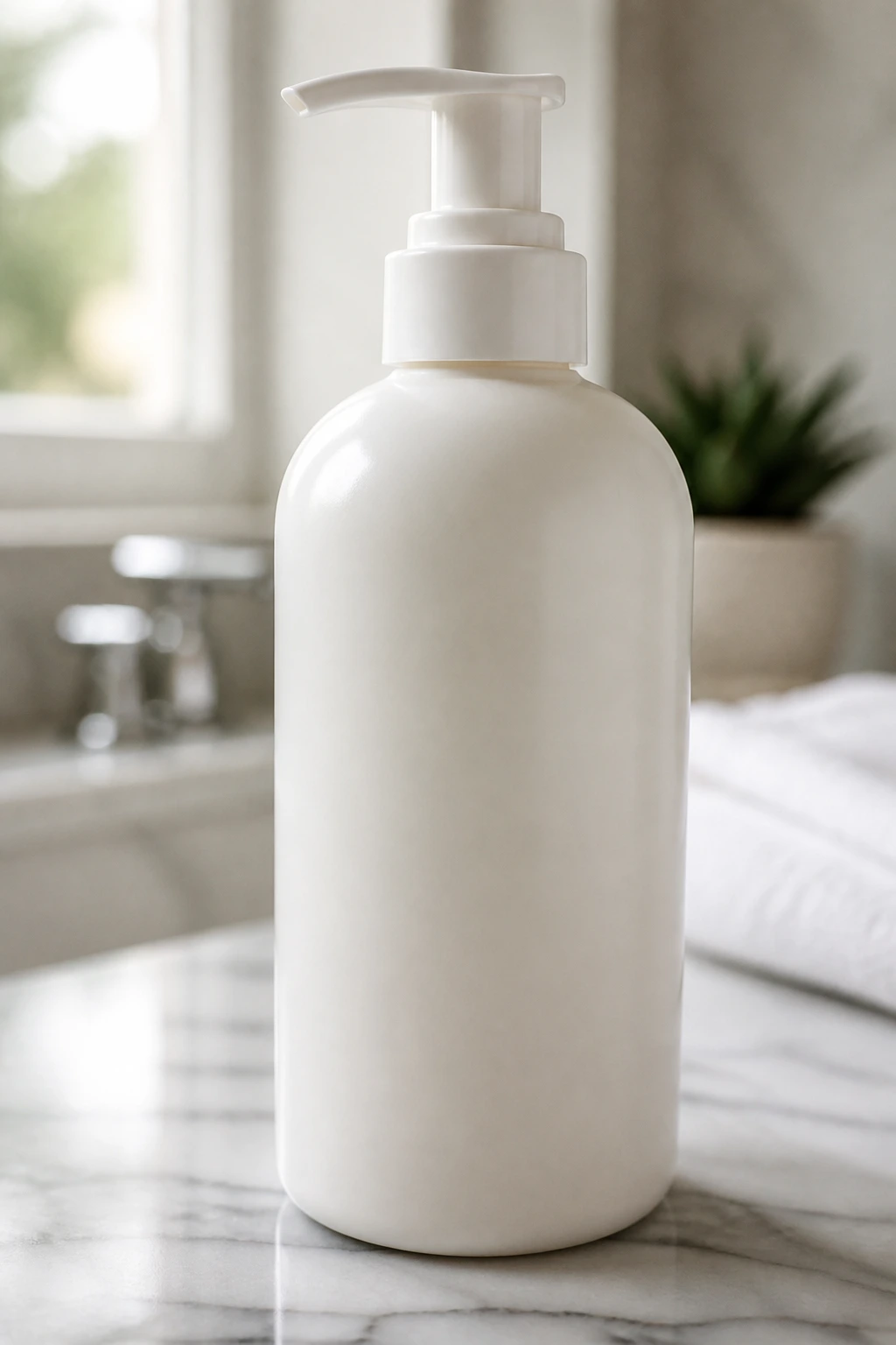 Close-up of a label-free shampoo bottle on a marble bathroom counter with soft natural light