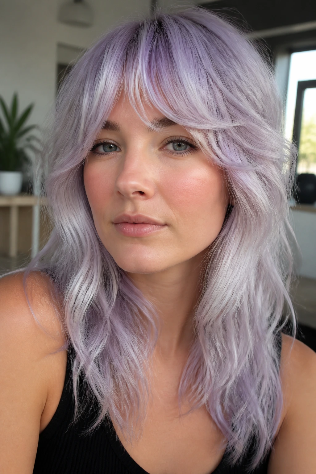 Close-up of woman with lilac frost shag and crescent bangs