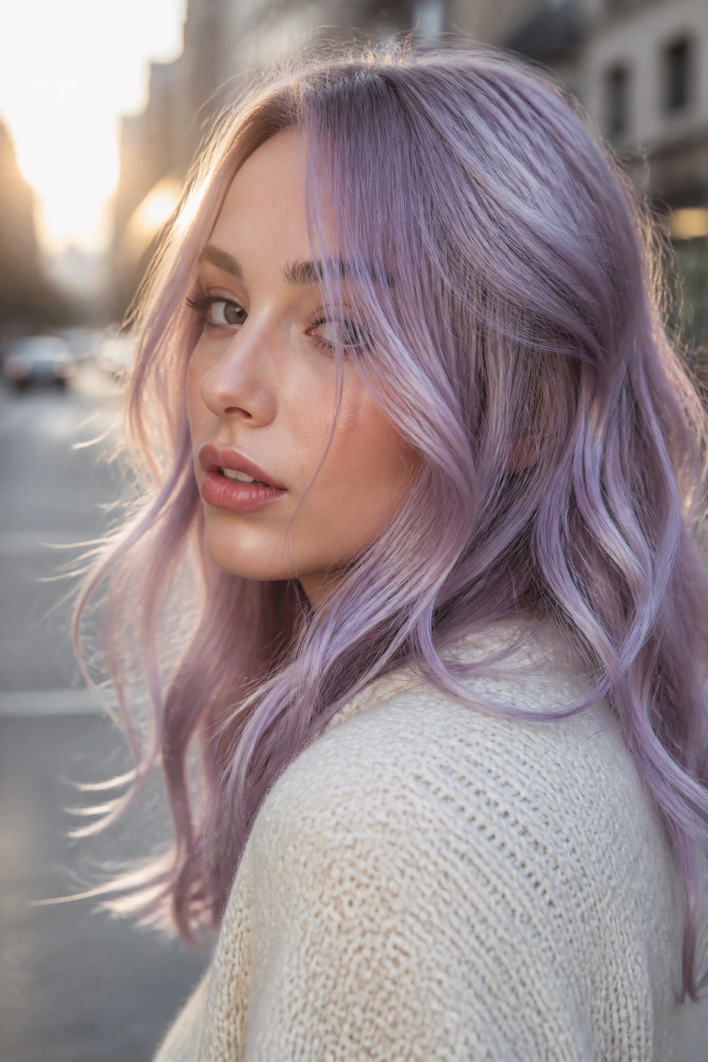 Close-up portrait of a real woman with lilac mist hair outdoors at dawn