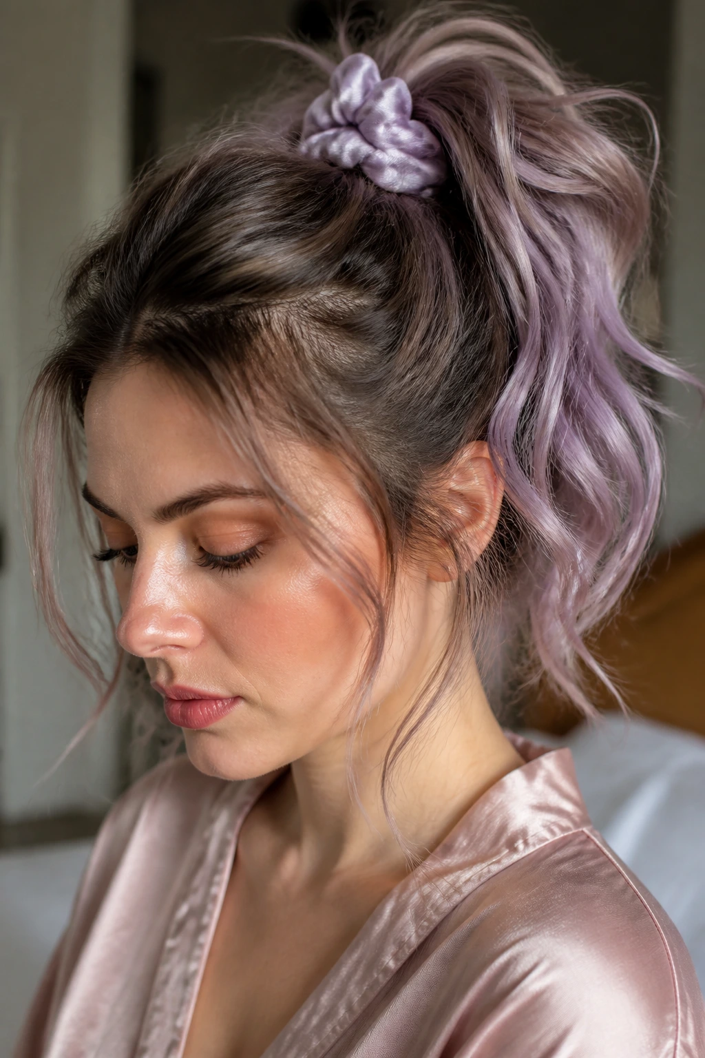 Real woman with lilac tipped messy ponytail and silk scrunchie