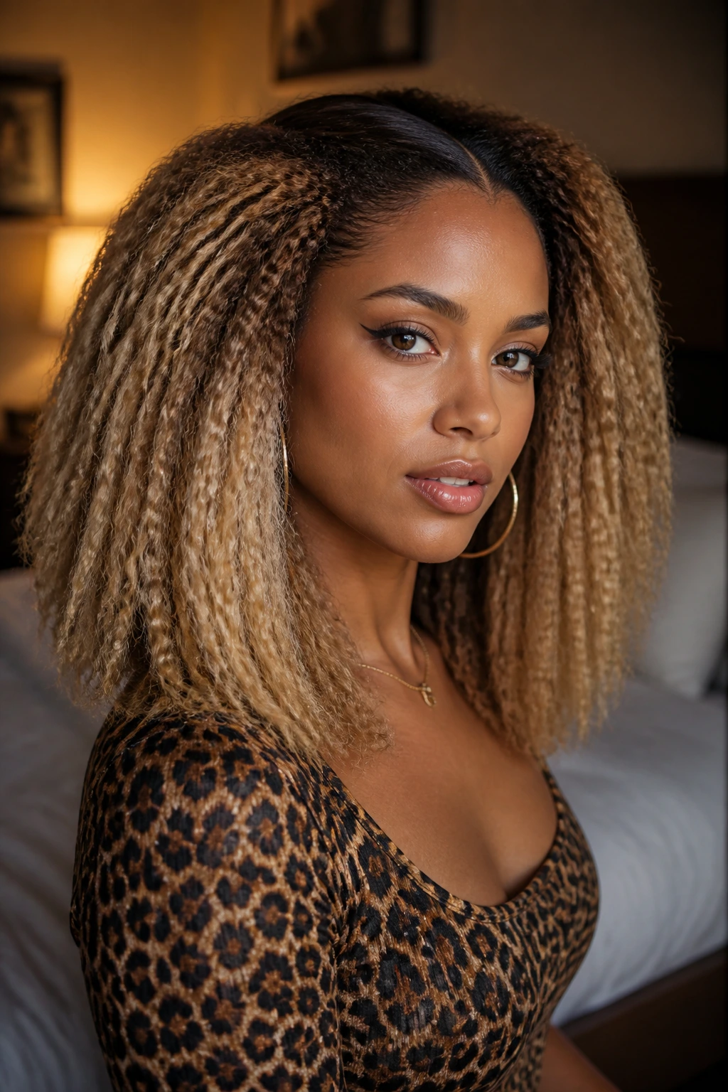 Real woman with mid-length crimped hair forming a lion-mane volume at mid-lengths.
