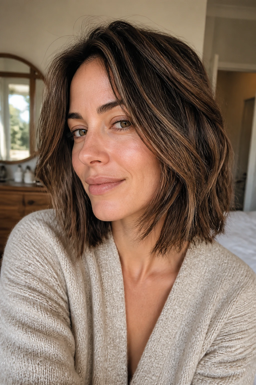 Close-up of a real woman with jagged layered lived-in bob in casual interior