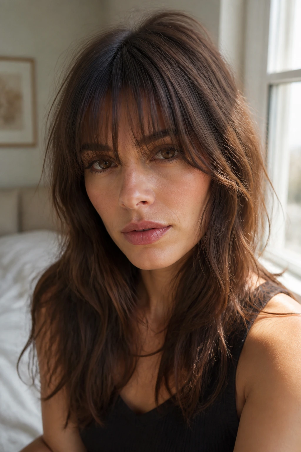 Close-up of a woman with lived-in French girl fringe in chestnut walnut
