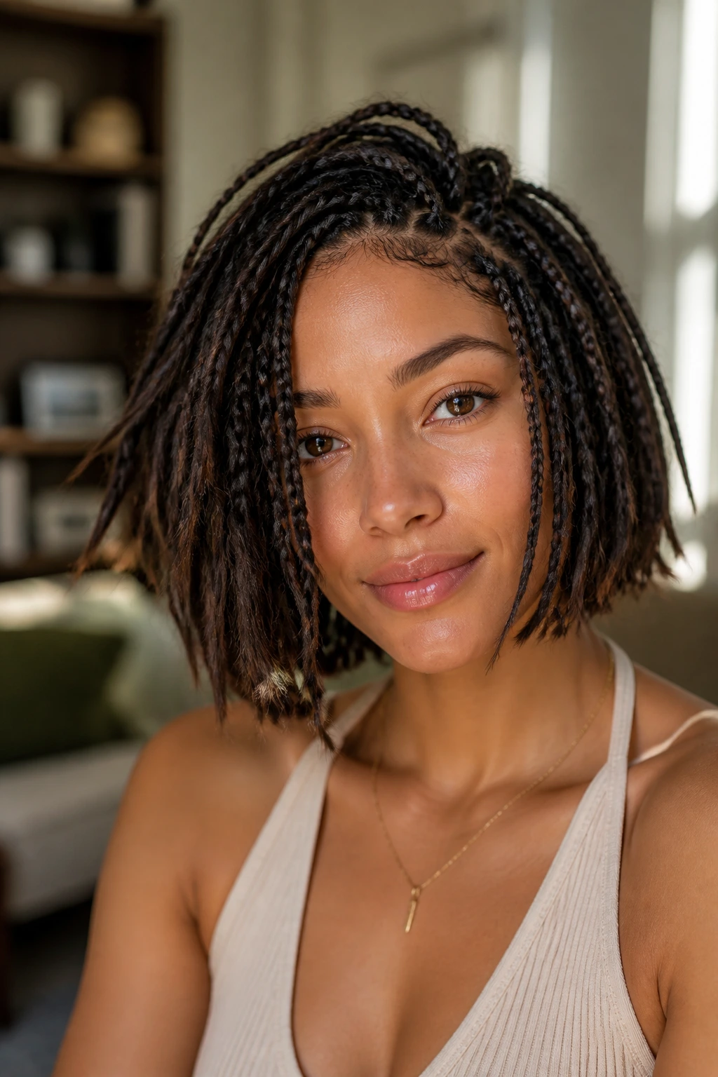 Close-up of real woman with lived-in messy bob and natural texture