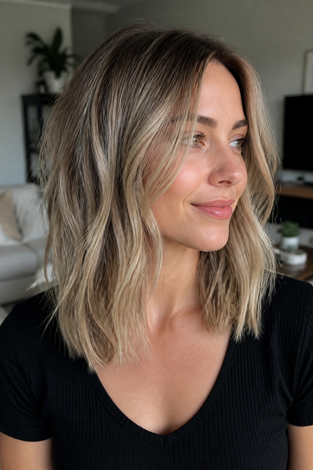 Close-up portrait of a real woman with a textured long bob and ash blonde highlights