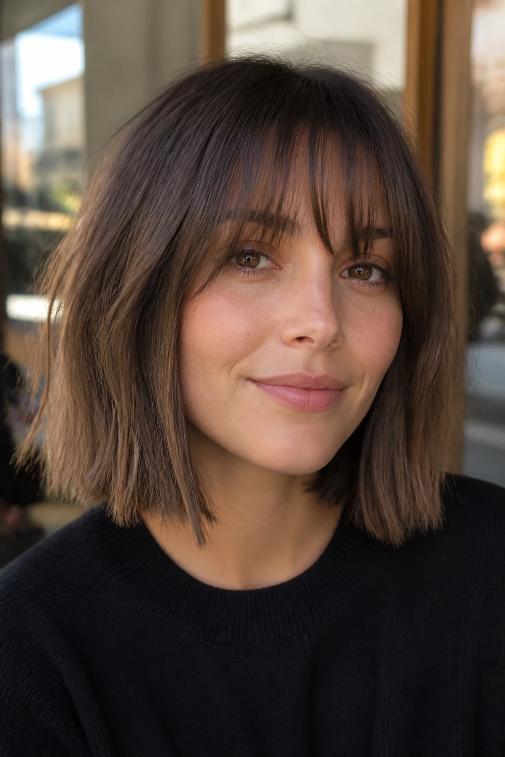 Real person with textured blunt lob and see-through bangs
