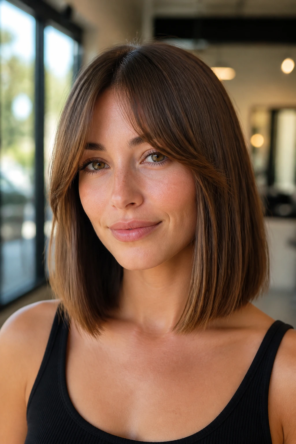 Close-up of a real woman with blunt-cut lob and soft curtain bangs