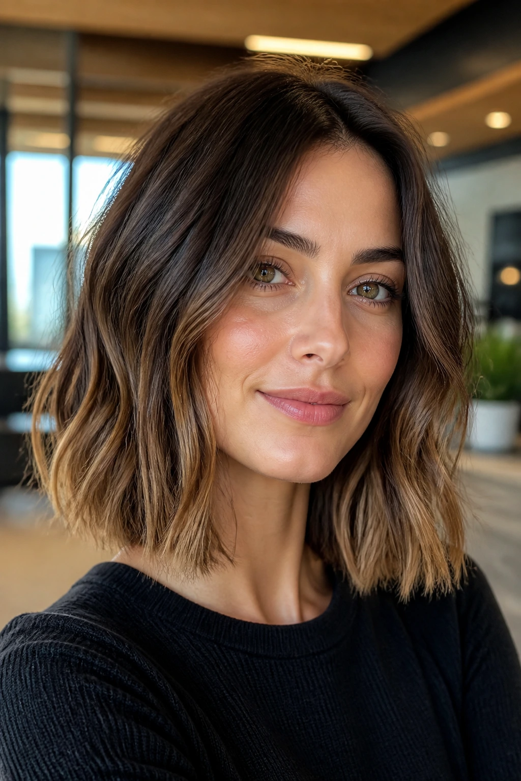 Close-up portrait of a woman with a blunt-ended long bob past the jawline
