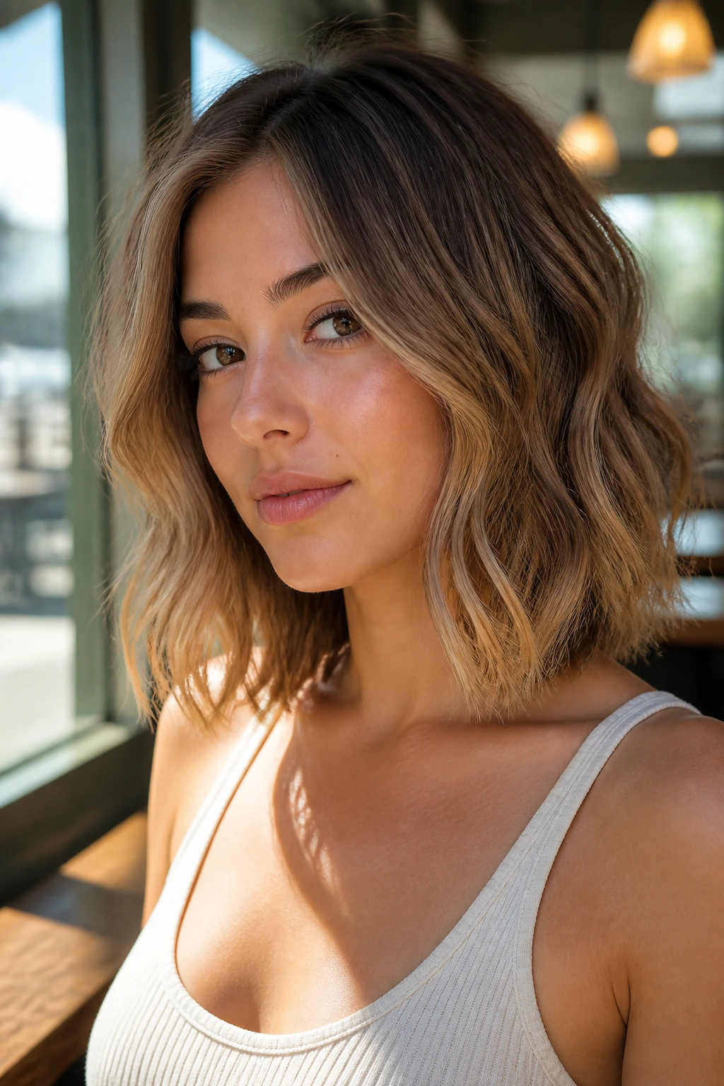 Portrait of woman with collarbone-length lob and beachy waves by a window.