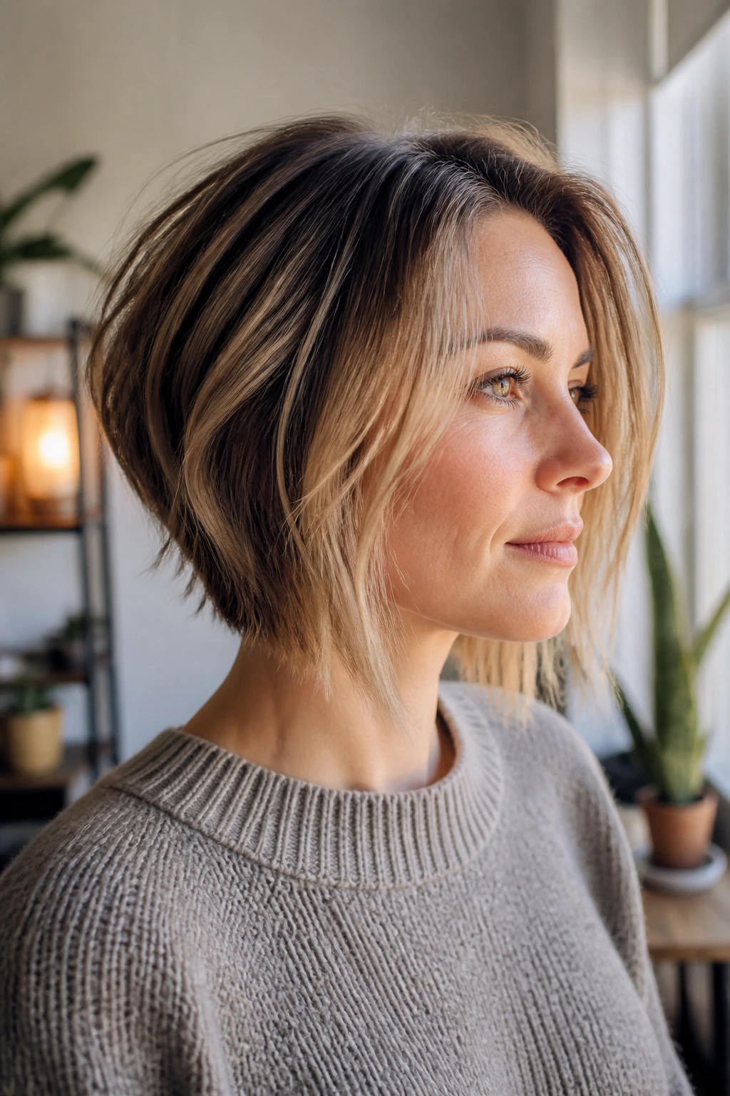 Close-up of a real person showing a Lob-Bob transition with blended layers