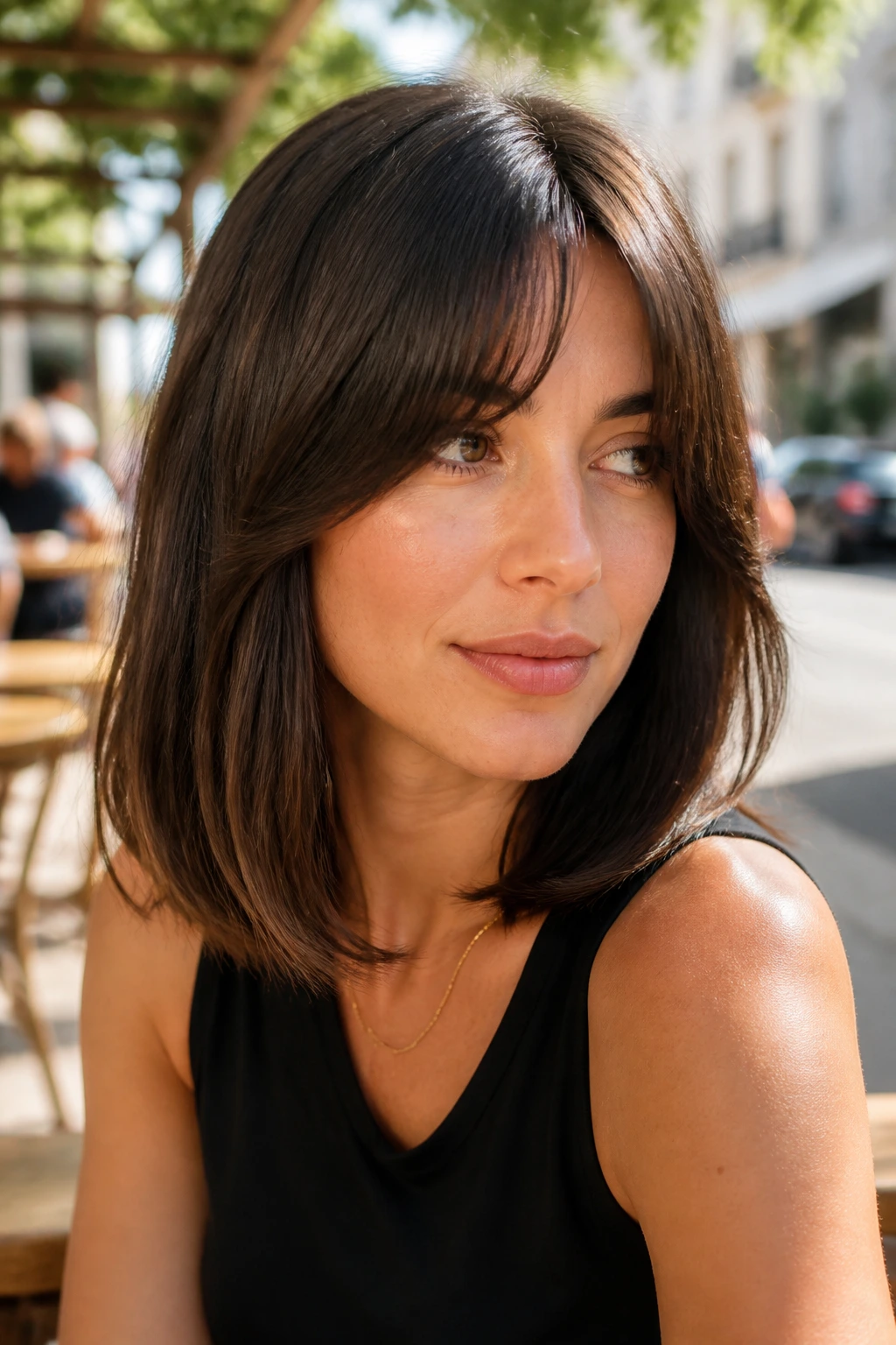 Close-up of a woman with a lob and bottleneck bangs in sunlit outdoor cafe