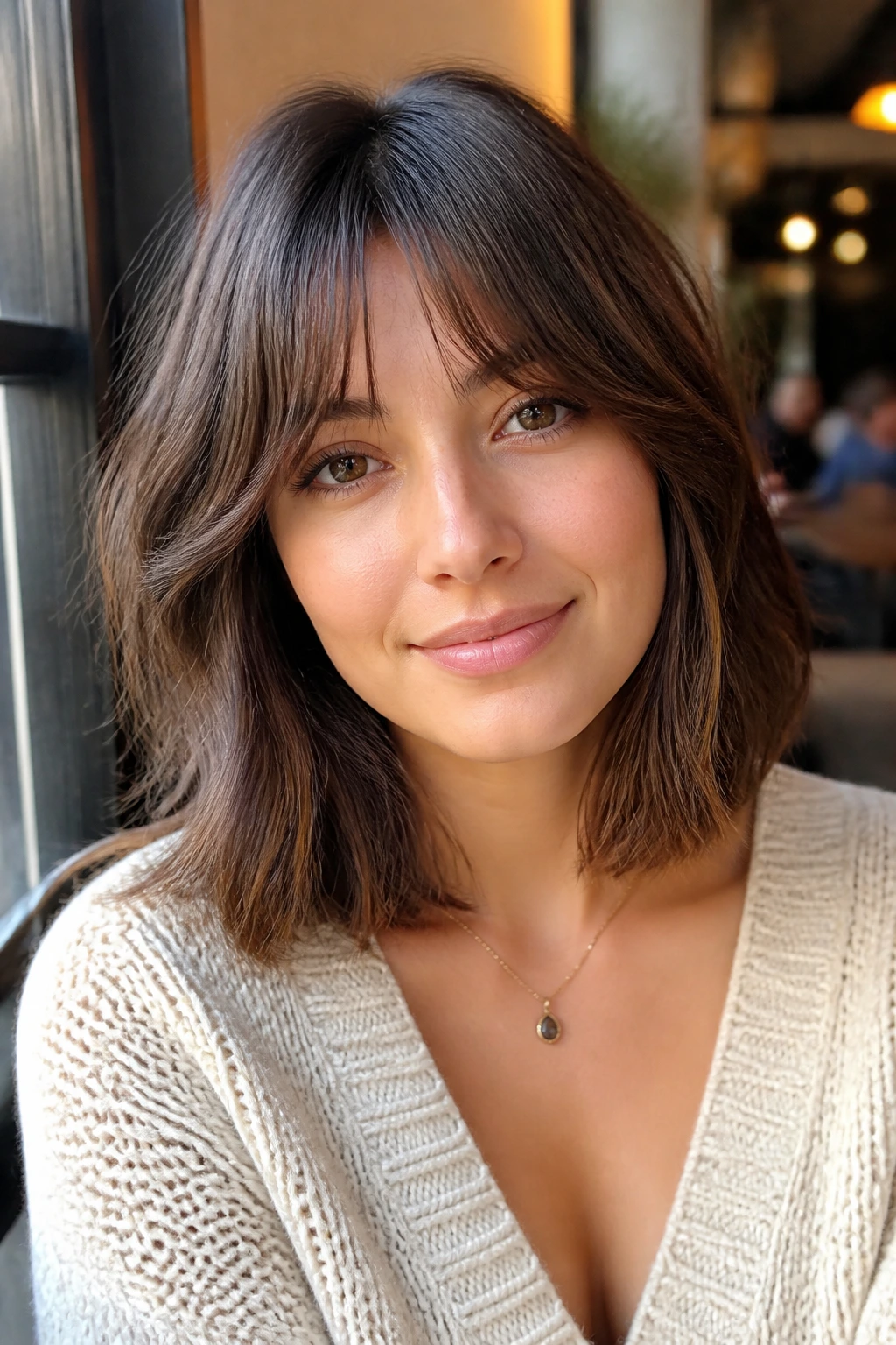 Portrait of a woman with a shoulder-length lob and wispy bottleneck bangs in warm cafe light.