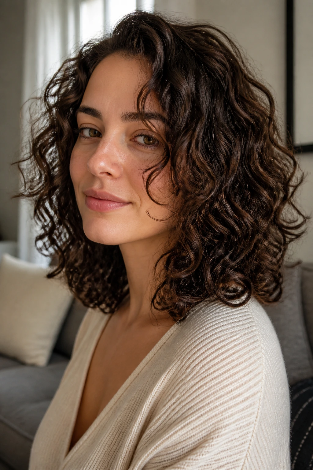 Close-up portrait of a real person with shoulder-length curly lob and face-framing layers