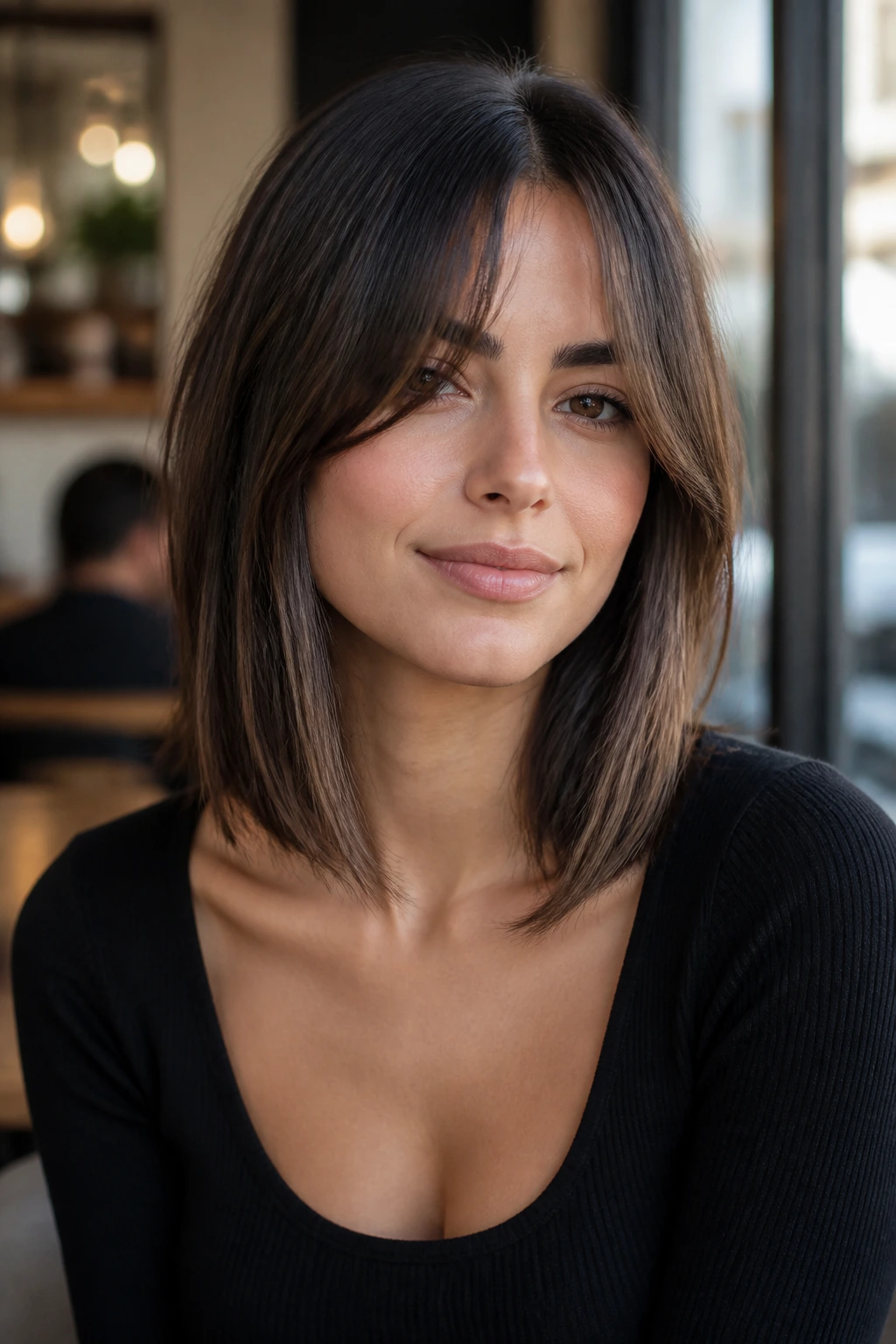 Medium close-up of a real woman with collarbone-grazing lob and curtain bangs