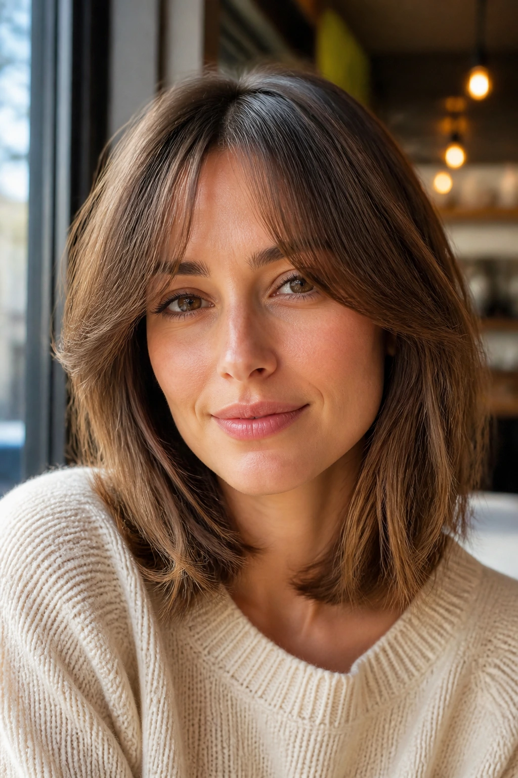 Close-up of a real woman with a long bob and curtain fringe in a sunlit window seat.