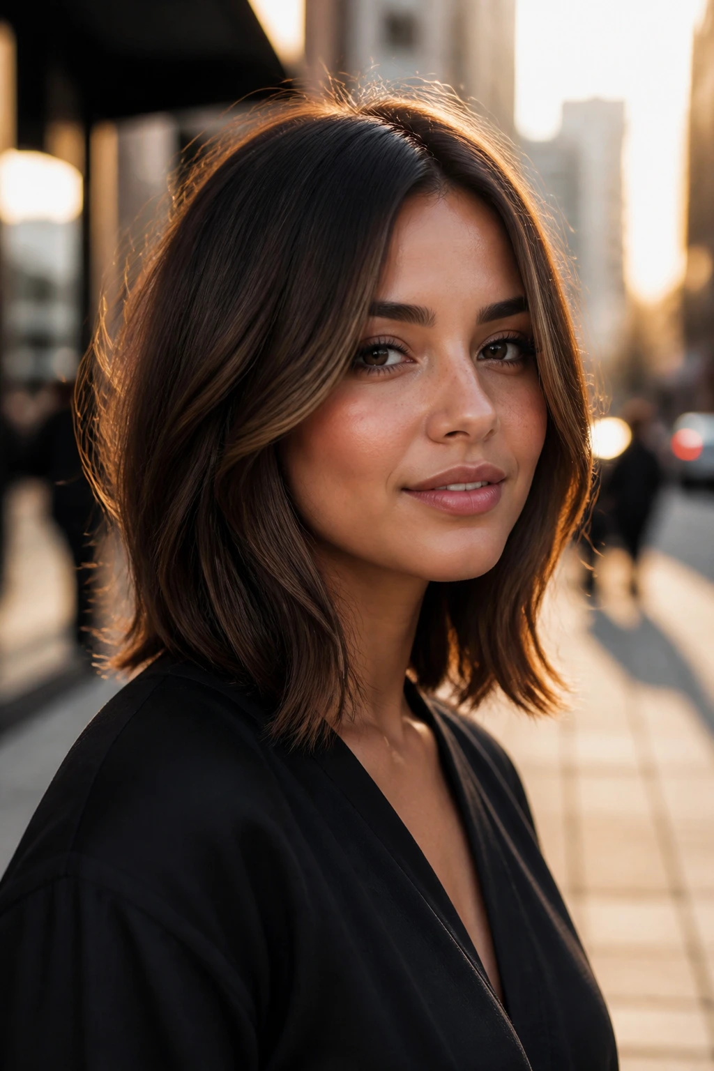 Three-quarter portrait of a real woman with a long bob and face-framing layers