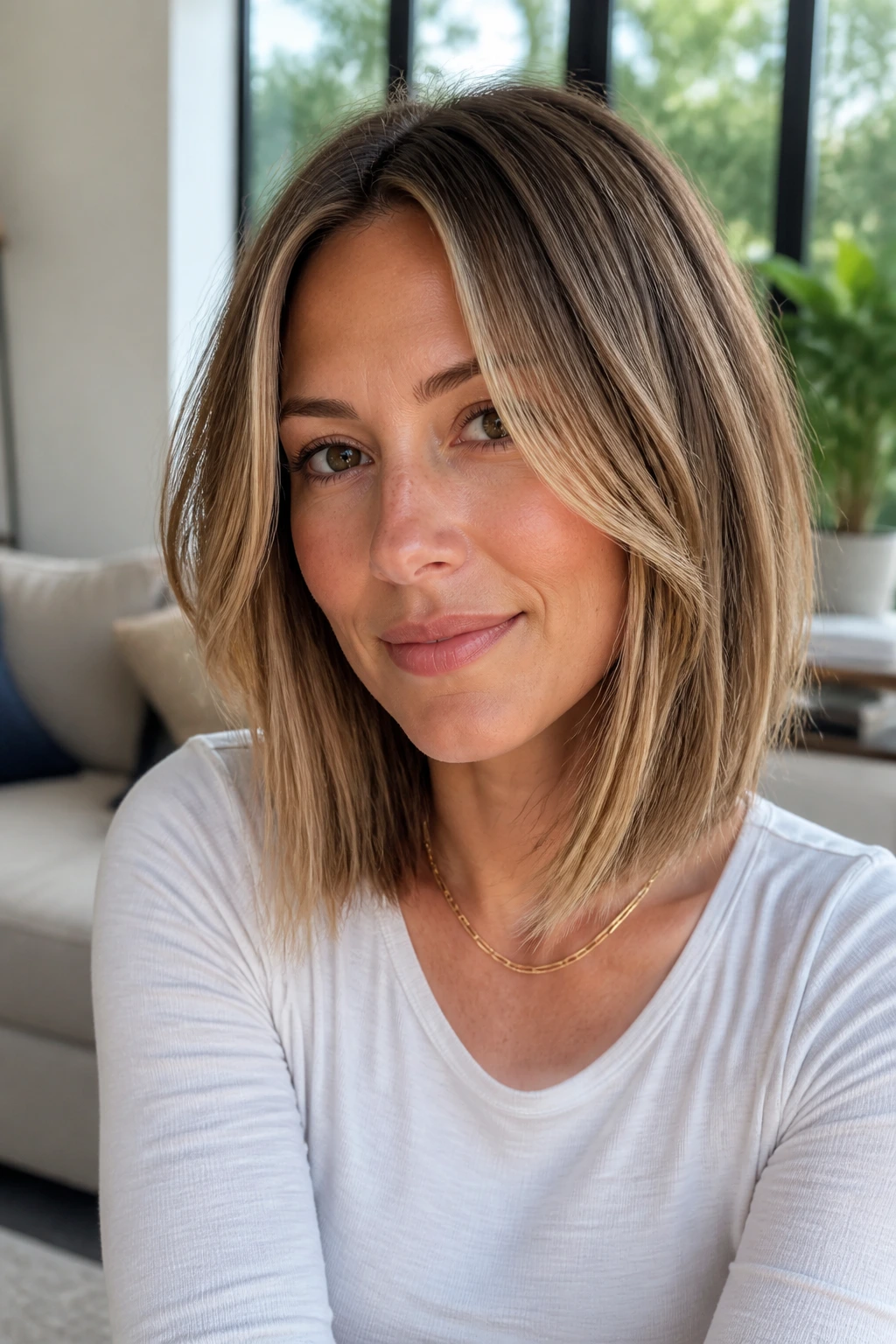 Close-up portrait of a real woman with a lob and face-framing layers in daylight