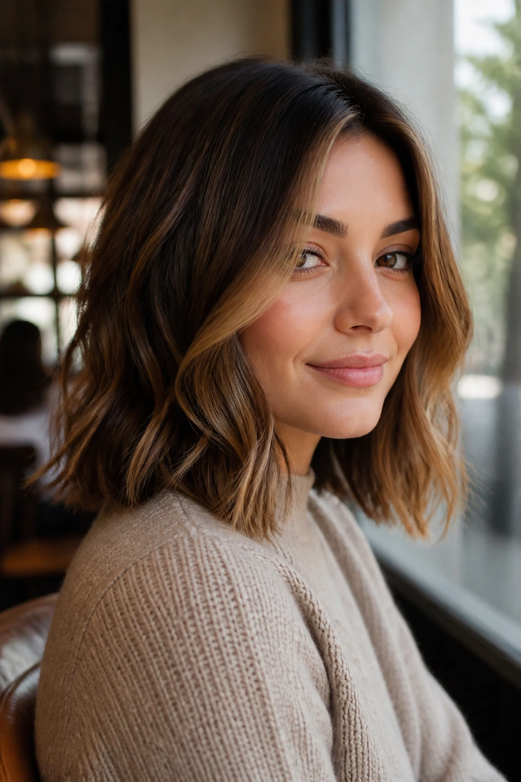 Portrait of a real woman with a lob and face-framing pieces accenting the cheeks