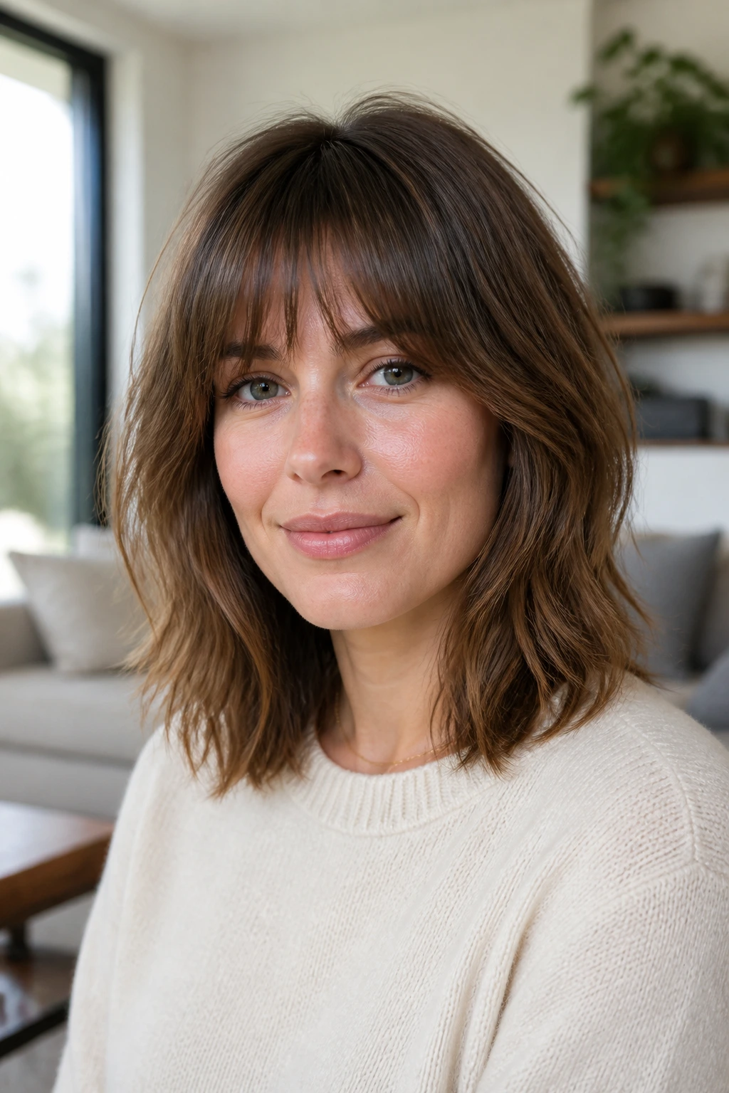 Portrait of a woman with shoulder-grazing lob and feathered bangs