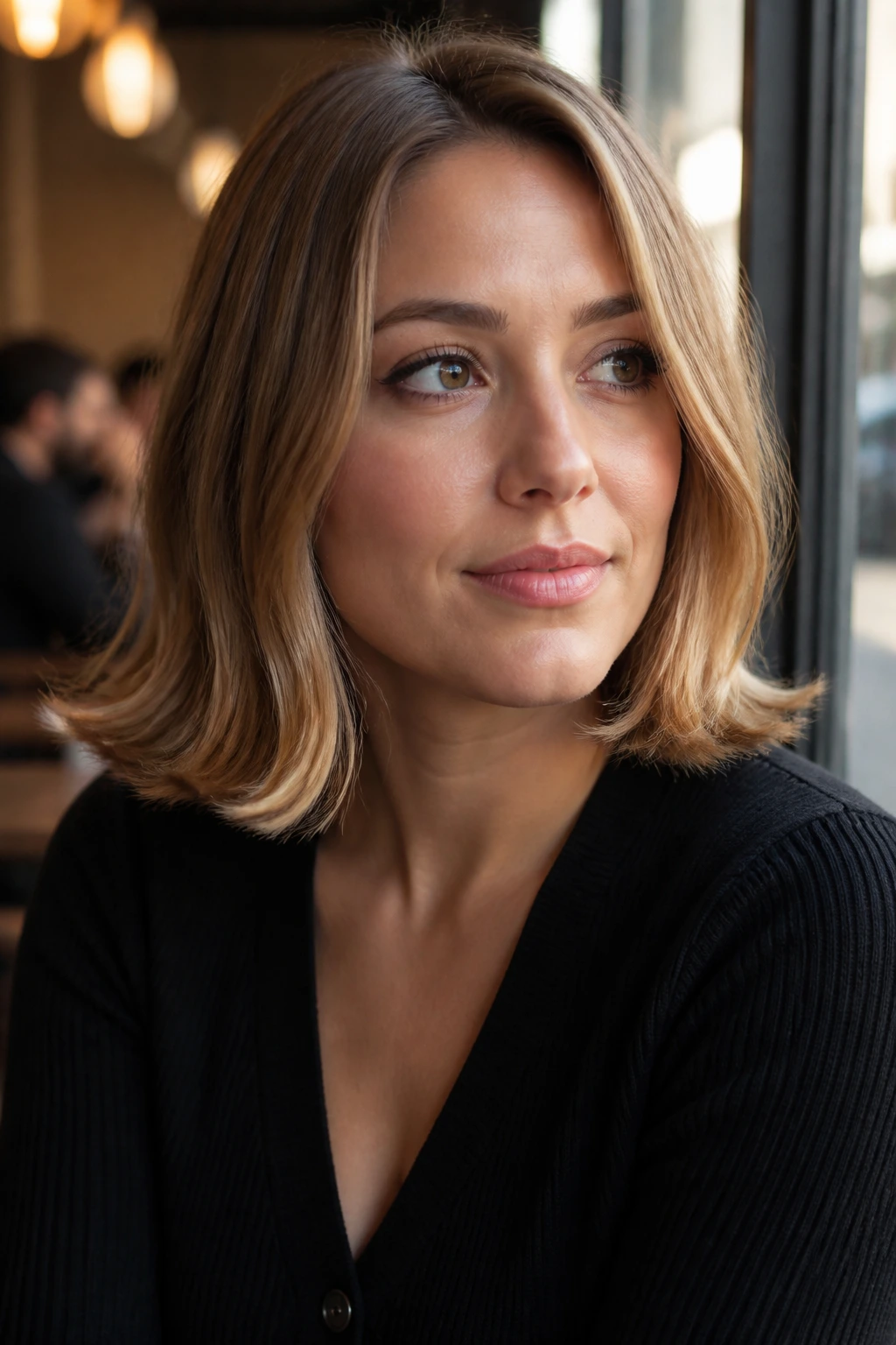 Close-up portrait of a real woman showing a flipped-out lob hairstyle with ends flipped outward.