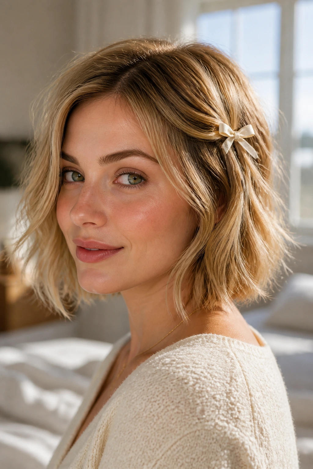 Close-up of a real woman with a tousled lob and a tiny ribbon bow behind the ear.