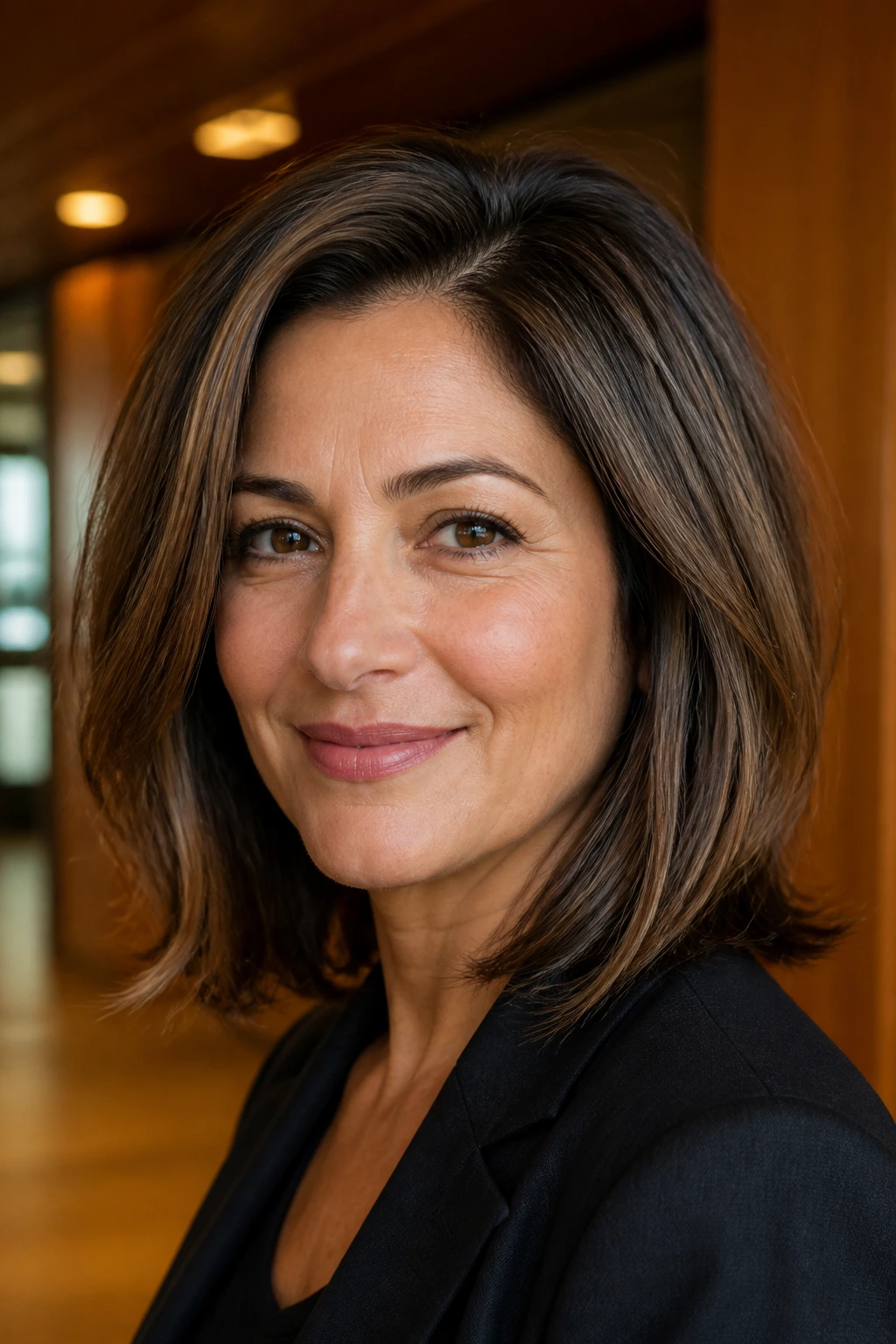Medium close-up of a woman with shoulder-length lob and volume