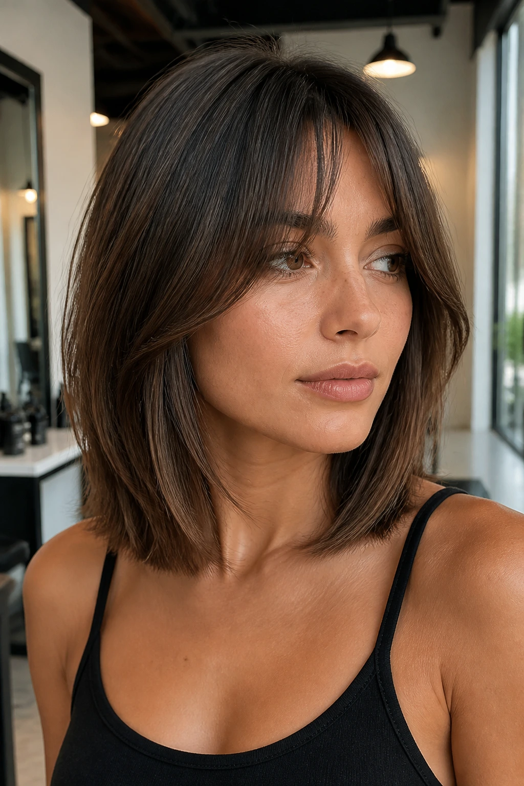 Real woman with lob haircut and hidden layers in a sleek salon setting