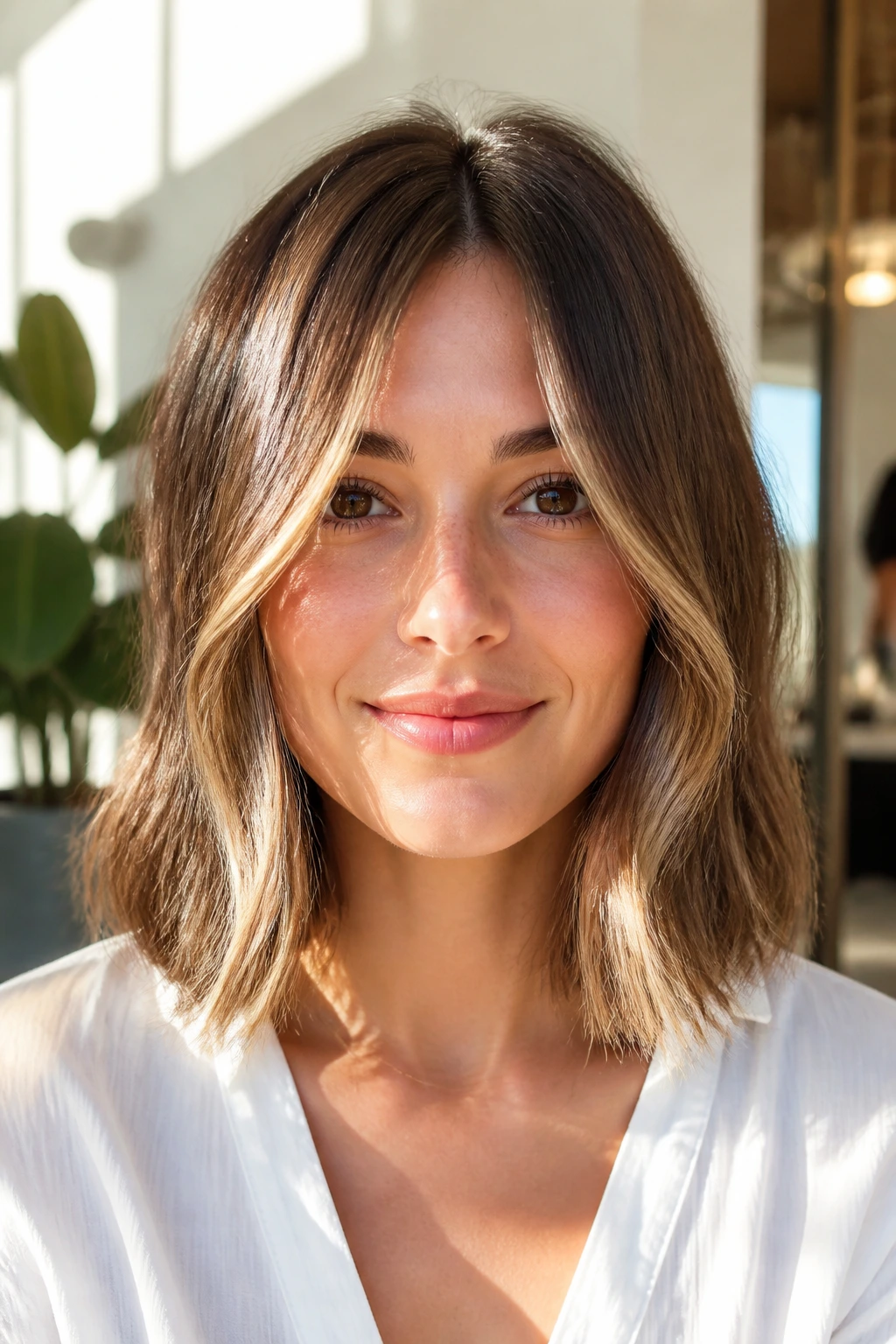 Front view of real person with lob and face-framing highlights in a sunny salon.