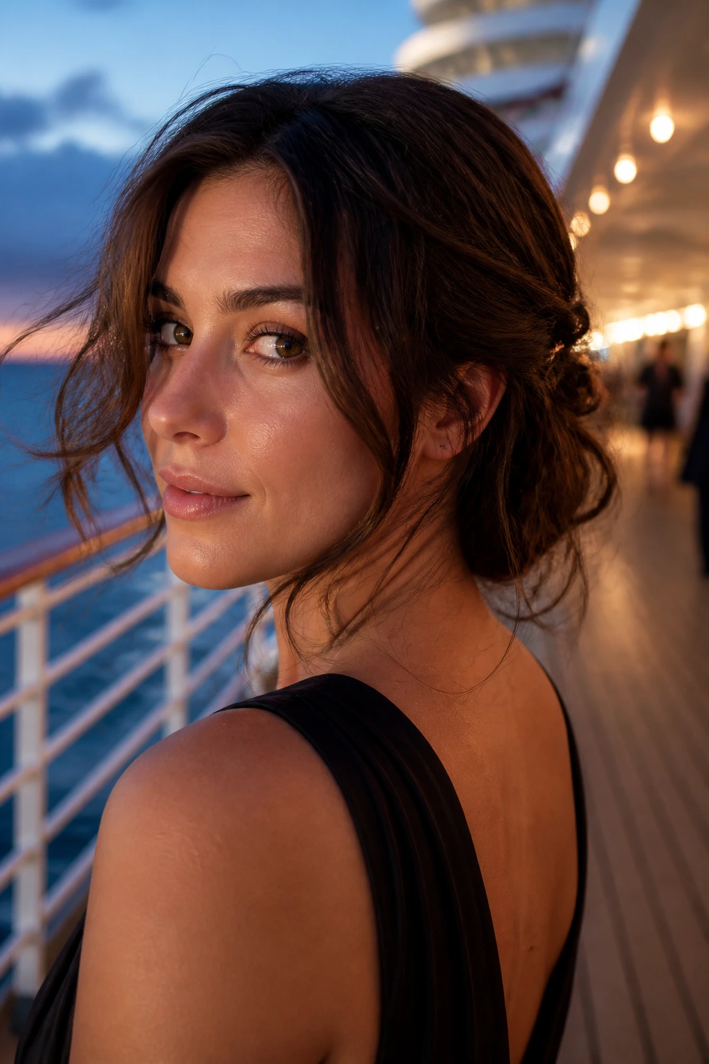 Close-up of a real woman with a lob illusion hairstyle pinned at the nape on a cruise deck