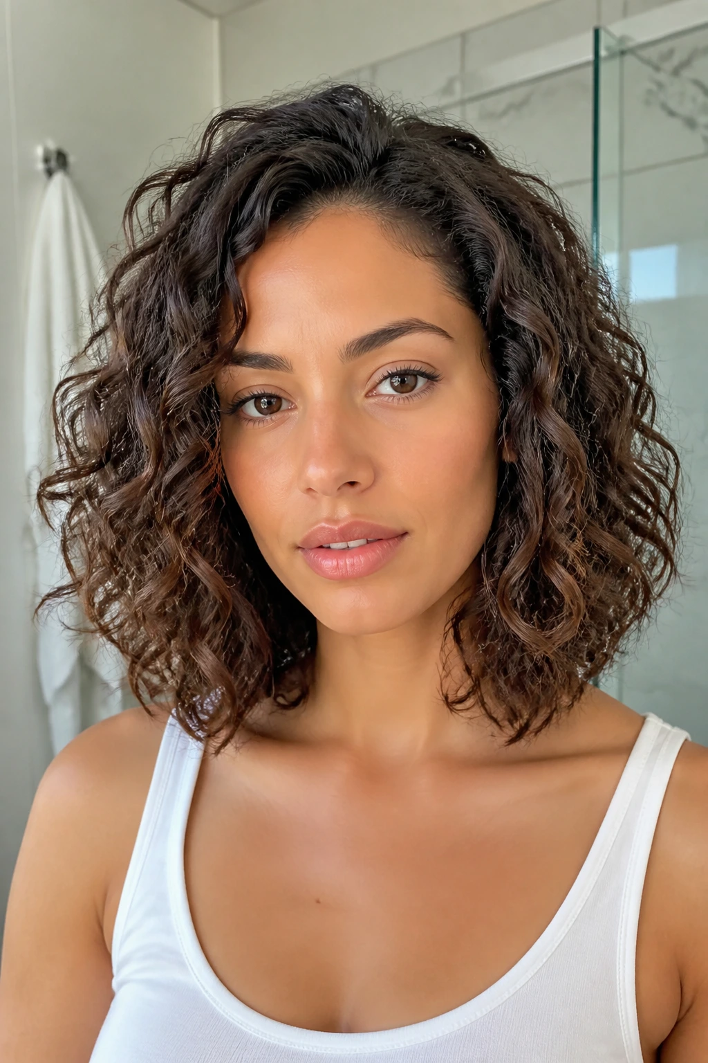 Close-up of real person with shoulder-length curly lob showing thinning inside.