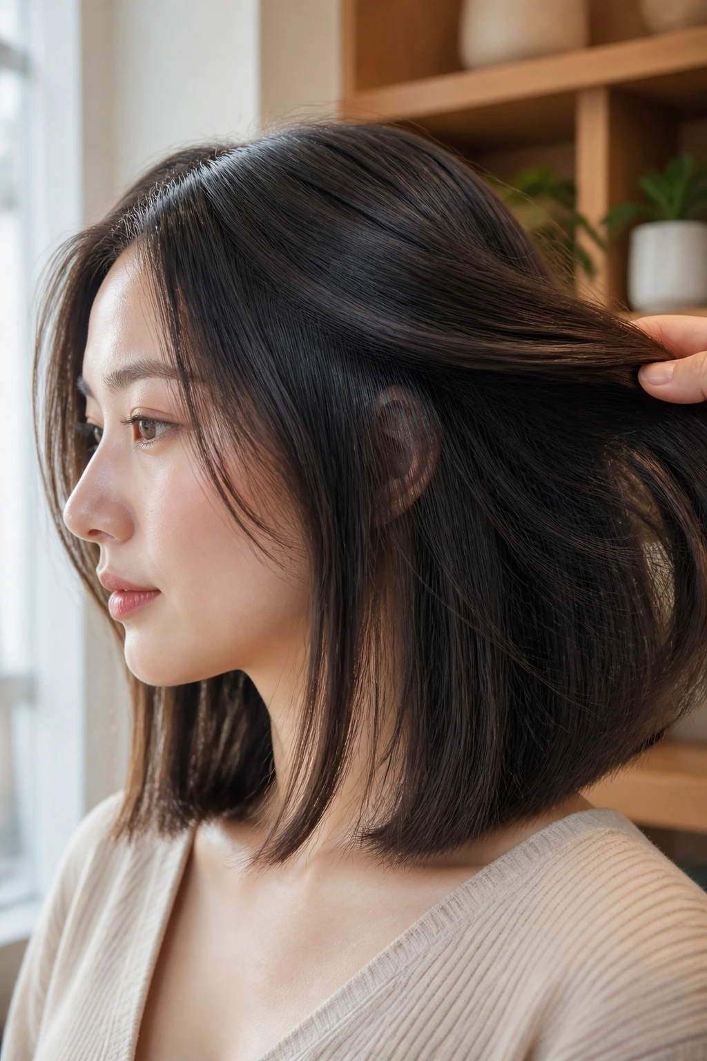 Side profile of a real woman with a lob showing internal thinning in a modern apartment