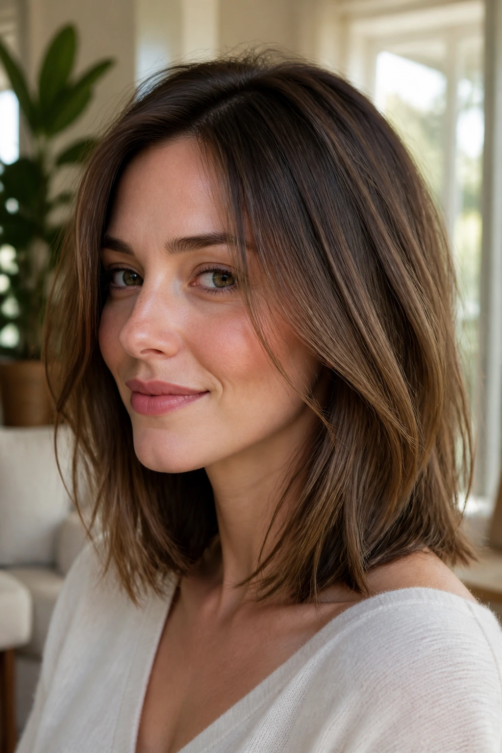 Close-up of a woman with a long bob showing invisible layers